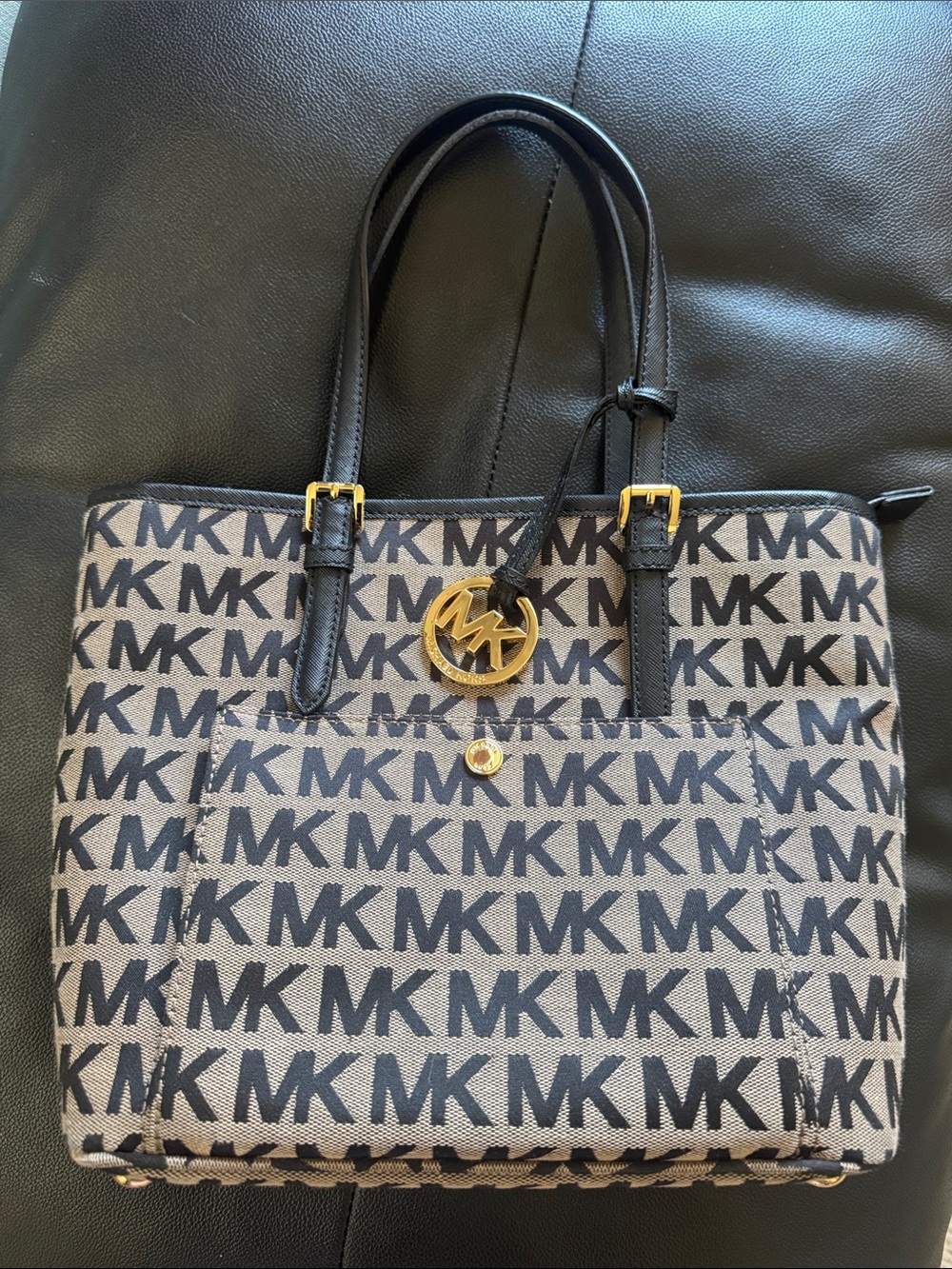 Michael Kors Jet Set Brown MK Logo Tote with Black Handles and Gold Accent